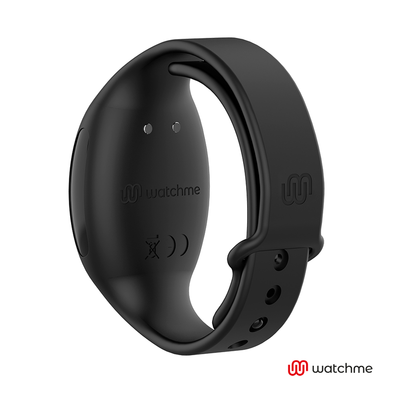 Una pulsera de actividad Watchme negra con logotipo sobre fondo blanco.