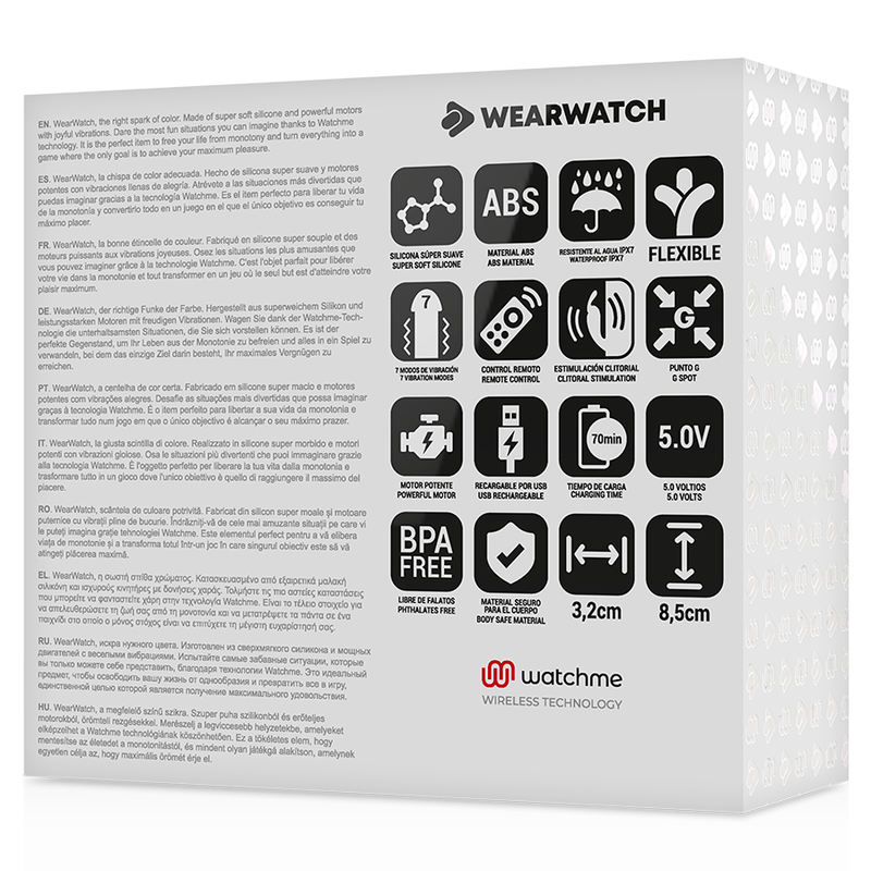Caja de producto con funciones de Wearwatch en varios idiomas e iconos con especificaciones.