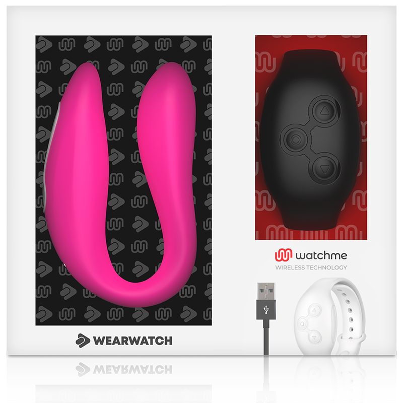 Empaque de producto con un vibrador rosa Wearwatch, control remoto negro y cable USB.