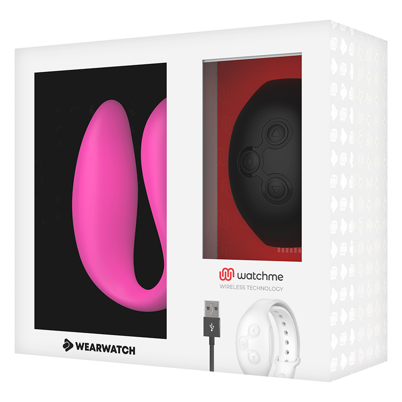 Caja blanca de Wearwatch con un dispositivo rosa en forma de U, un control remoto negro y una pulsera blanca.