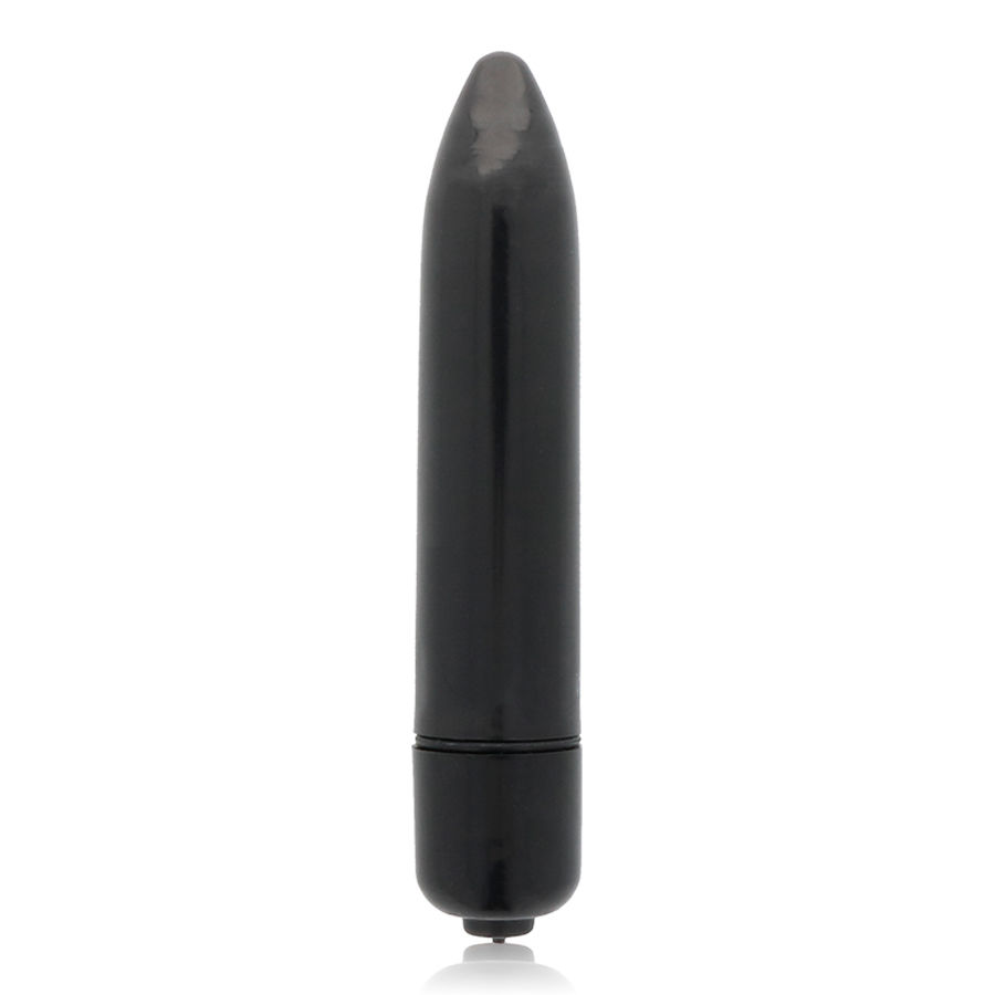 Ein glatter, schwarzer Bullet-Vibrator steht vertikal vor einem weißen Hintergrund.