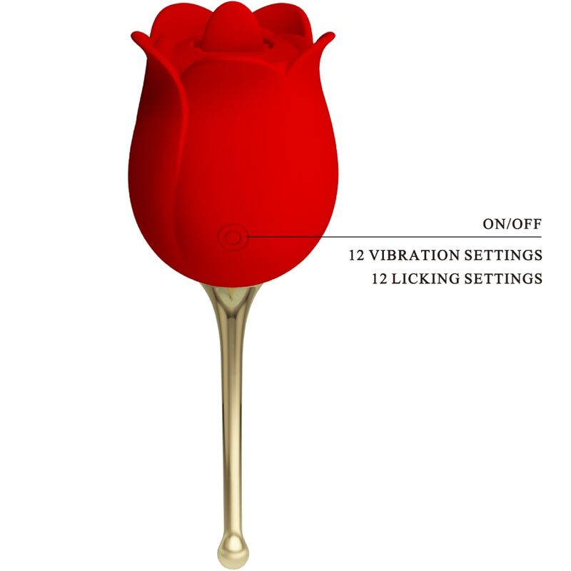 Un juguete de bienestar rojo con forma de rosa, tallo dorado, botón de encendido y texto descriptivo.