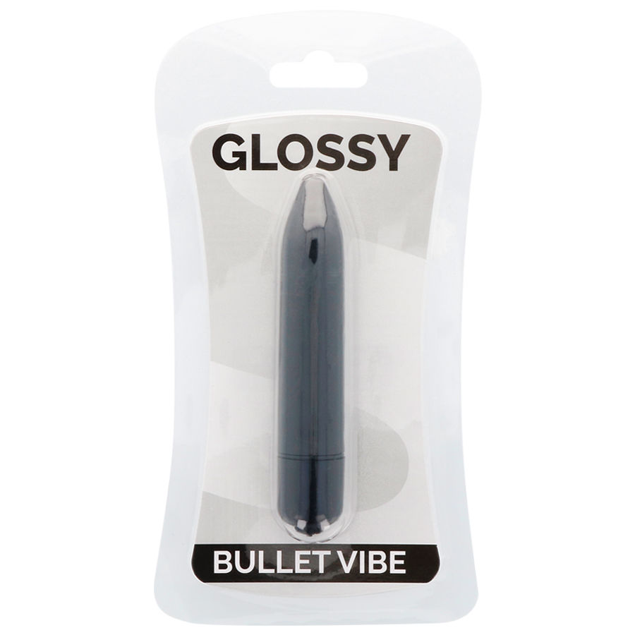 Ein schwarzer Glossy Bullet Vibe in transparenter Plastikverpackung mit Text.