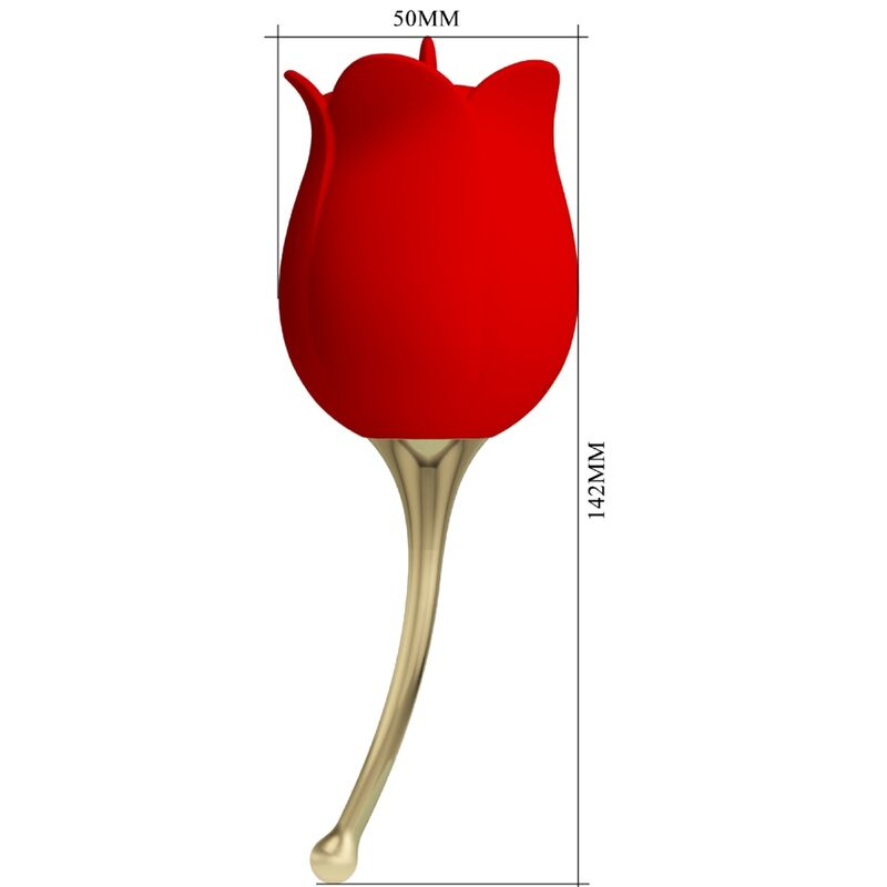 Diagrama de un objeto rojo en forma de tulipán con base dorada, con dimensiones de 50 mm de ancho y 142 mm de alto.