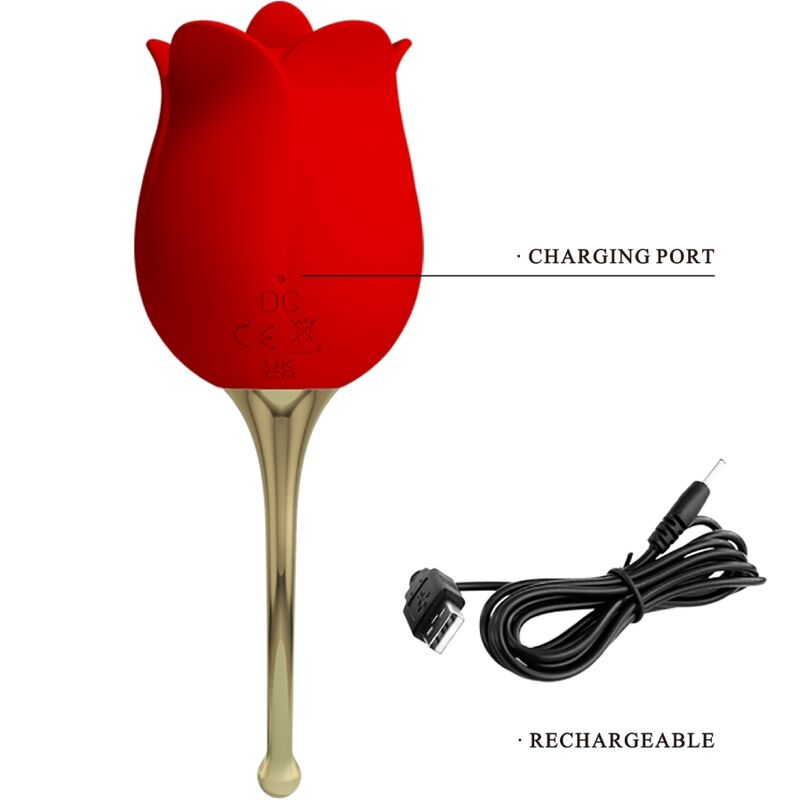 Un producto de bienestar rojo en forma de rosa con tallo dorado, puerto de carga y cable USB.