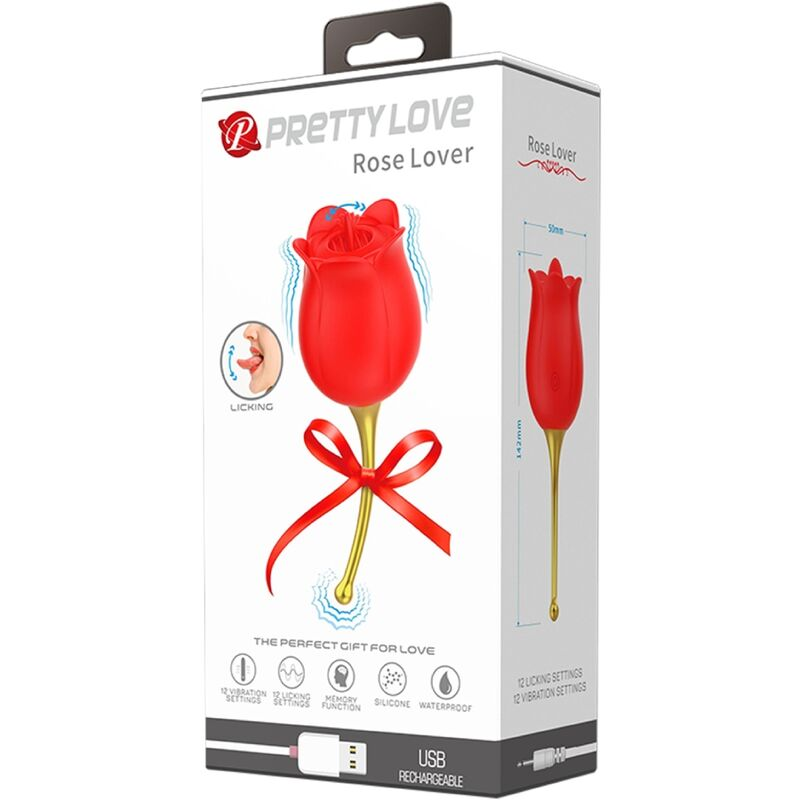 Caja de producto blanca para Pretty Love Rose Lover, un juguete para adultos rojo con forma de rosa.