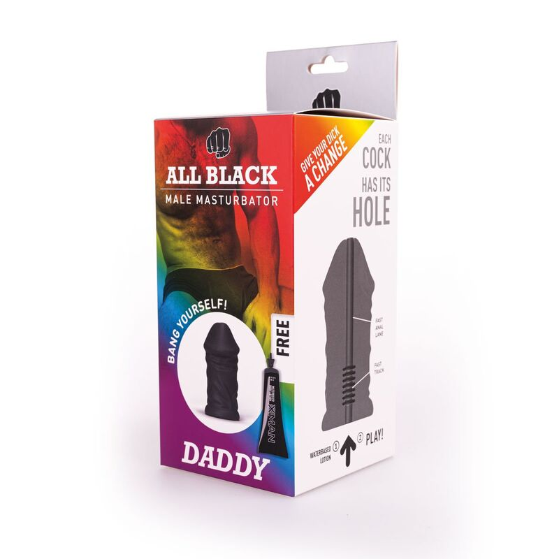 Verpackung für ein männliches Masturbationsspielzeug mit dem Namen All Black Daddy und Texten in den Farben des Regenbogens.