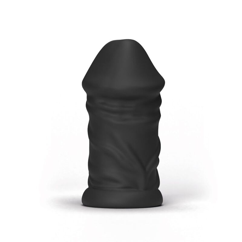 Ein schwarzes, strukturiertes Sexspielzeug aus Silikon steht vor weißem Hintergrund.