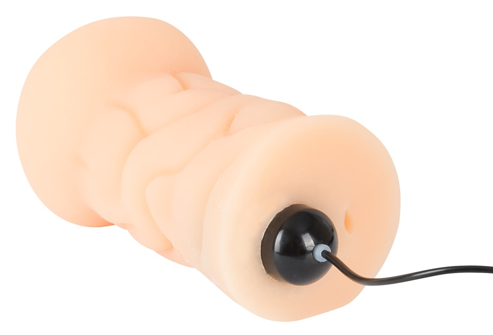 Ein fleischfarbenes, zylinderförmiges Wellnessgerät mit Struktur und einem schwarzen Kabel auf weißem Hintergrund.