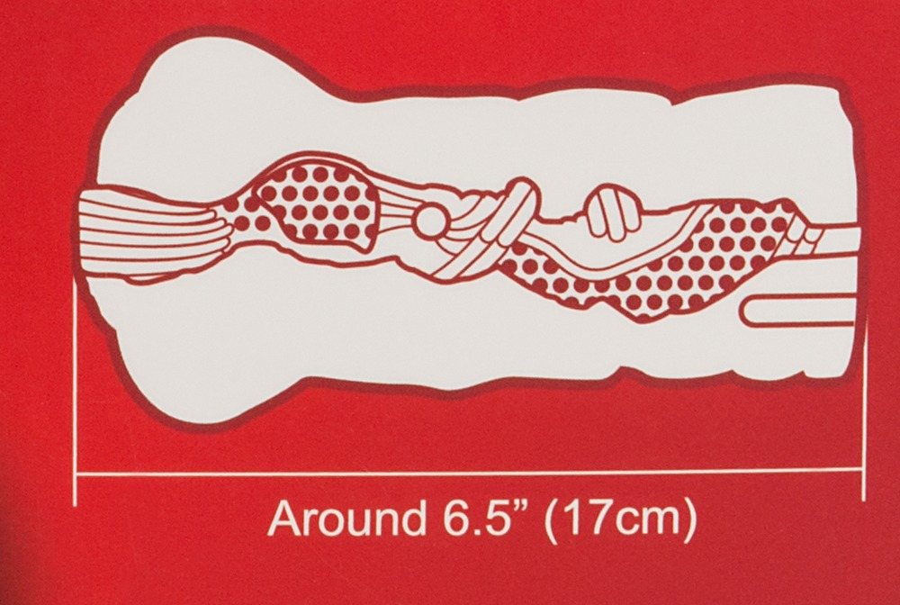 Roter Hintergrund mit einer weißen Schnittzeichnung, die Muster zeigt, und der Aufschrift Around 6.5 inches (17cm).