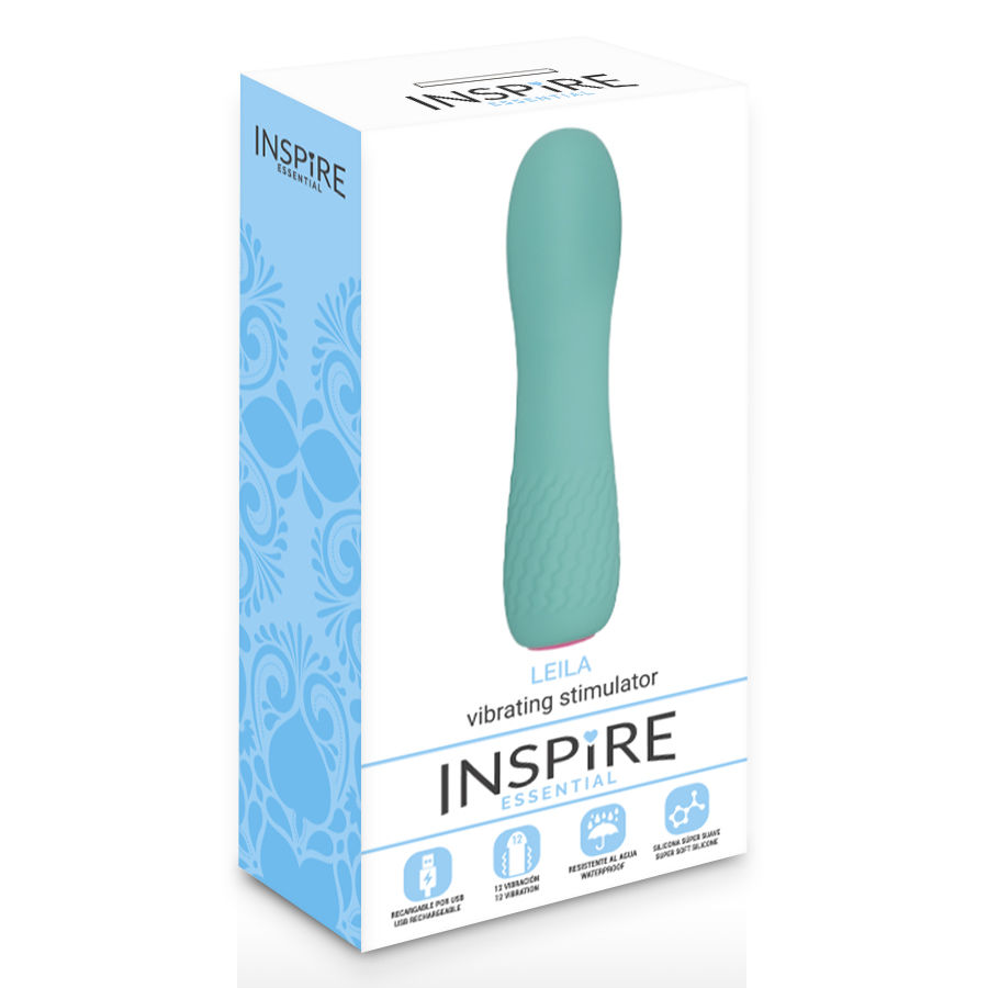 Ein hellblauer Leila Vibrationsstimulator in einer weiß-blauen Produktbox mit Marken- und Funktionssymbolen.