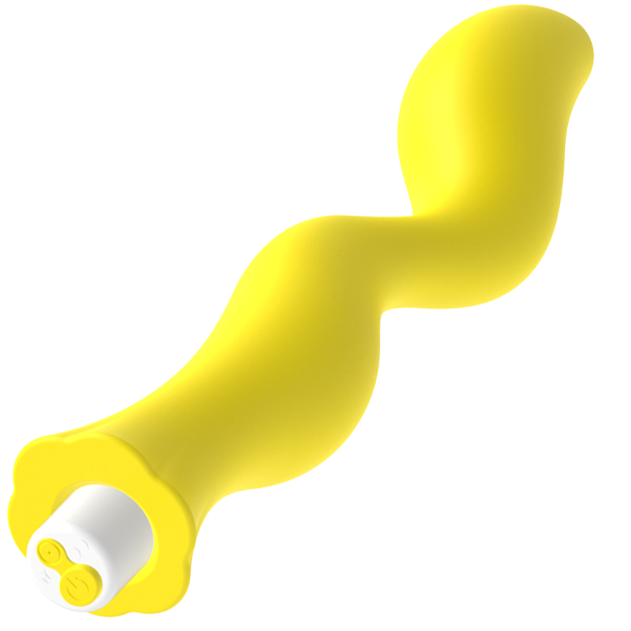 Un masajeador amarillo brillante ondulado con base blanca y dos botones sobre fondo blanco.