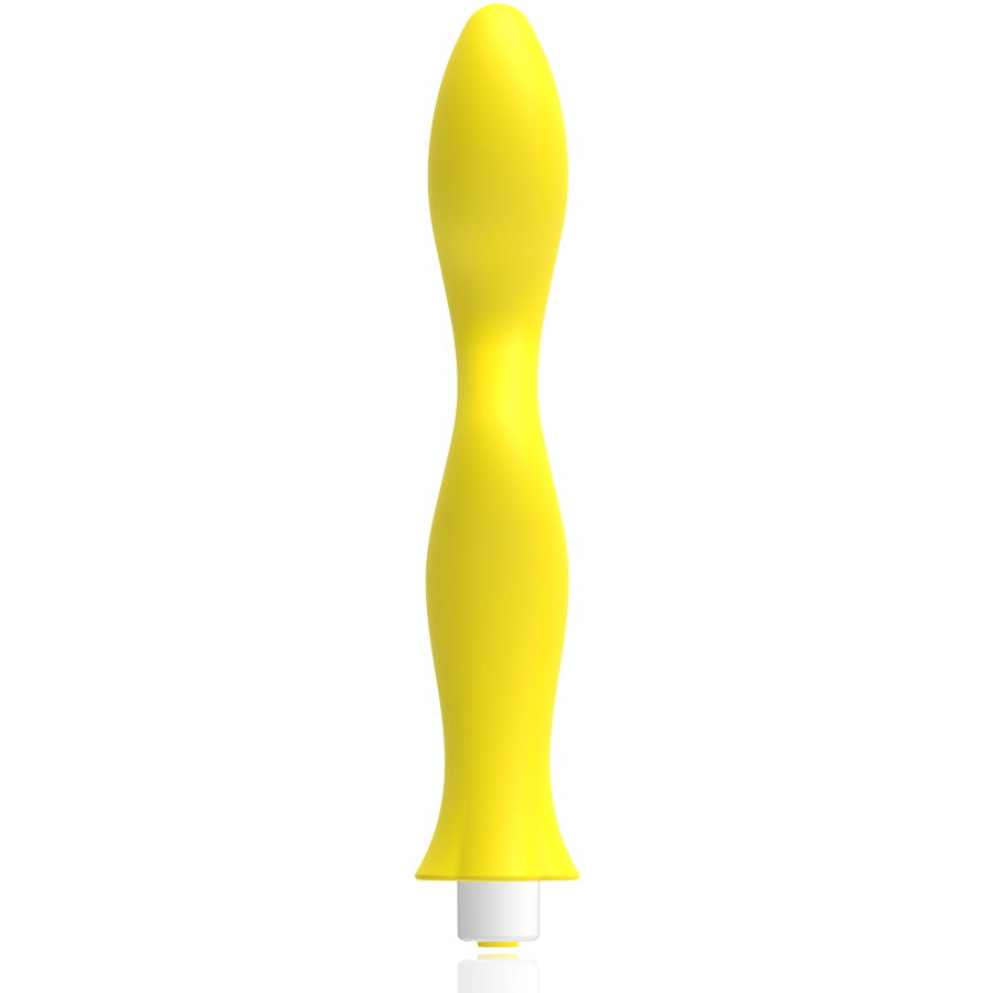 Una varita de bienestar amarilla y suave con forma ergonómica sobre un fondo blanco.