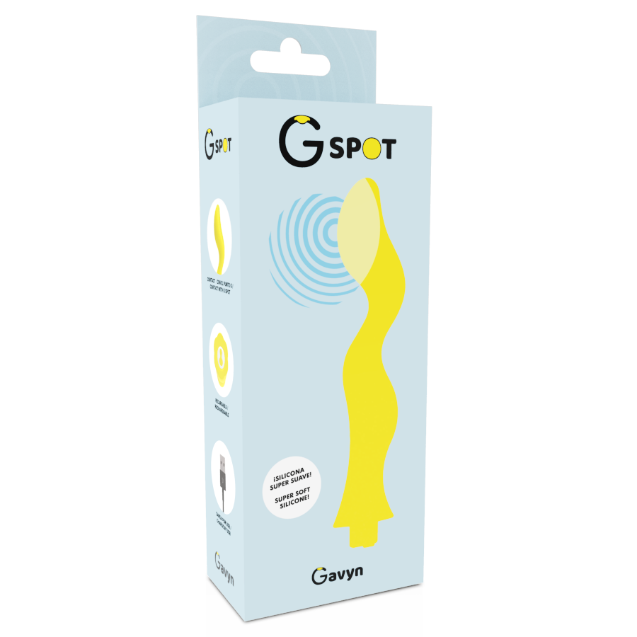 Caja de producto azul con el texto G Spot y una ilustración del masajeador amarillo.