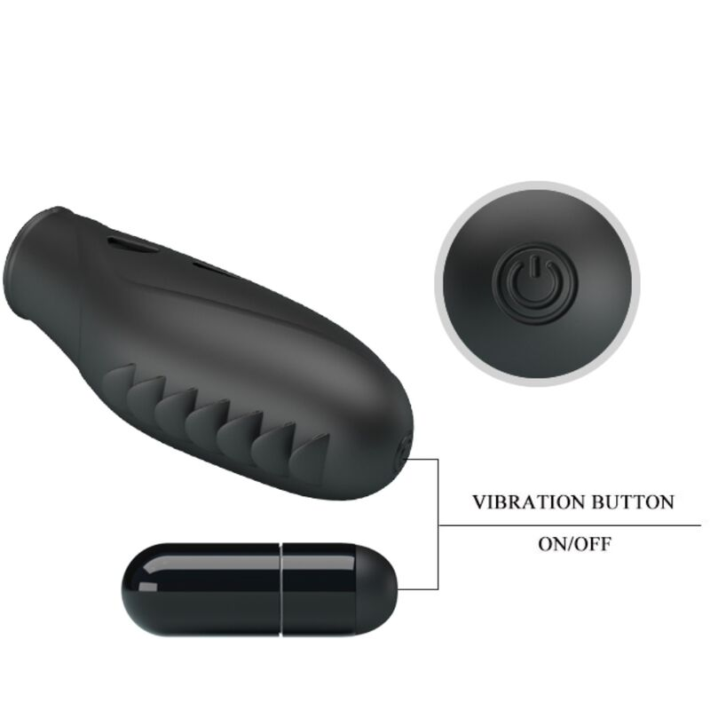 Producto negro con bordes acanalados y una vista ampliada del botón de vibración.