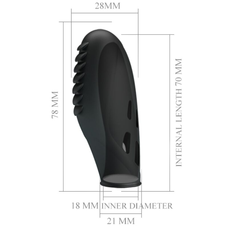 Producto de silicona negro con dimensiones de 78 mm de largo, 28 mm de ancho y 18 mm de diámetro interior.