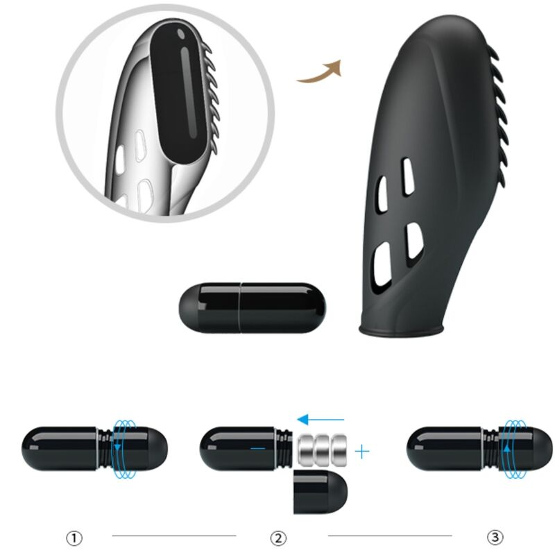 Diagrama que muestra cómo insertar pilas en una cápsula y colocarla en una funda texturizada.