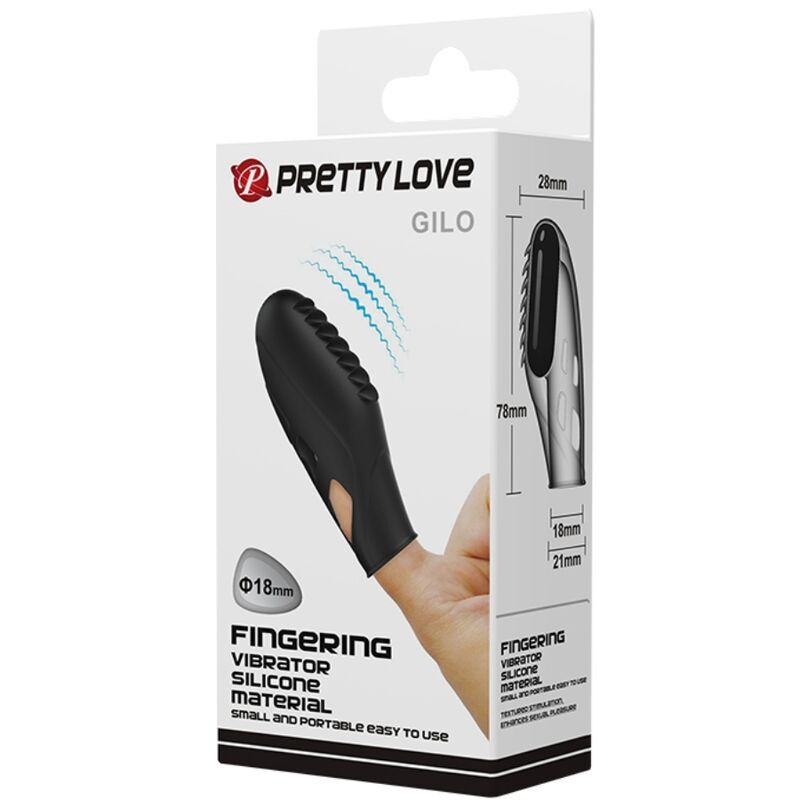 Envase de un vibrador de dedo de silicona negro y portátil con medidas.