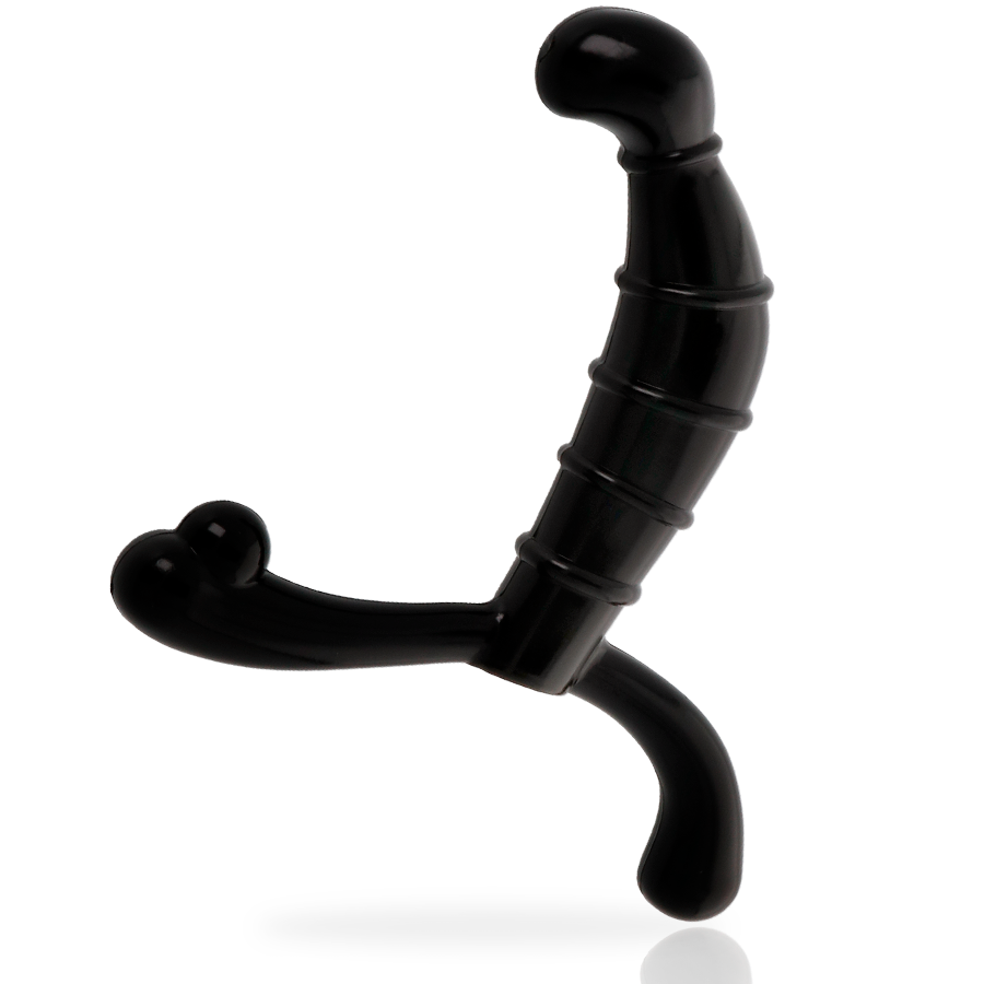 Ein schwarzes, mehrteiliges ergonomisches Sexspielzeug vor weißem Hintergrund.