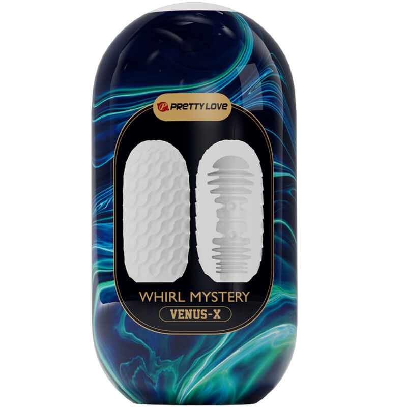 Blaue Produktverpackung mit wirbelndem Design zeigt zwei weiße, texturierte Einsätze für das Venus-X Modell.