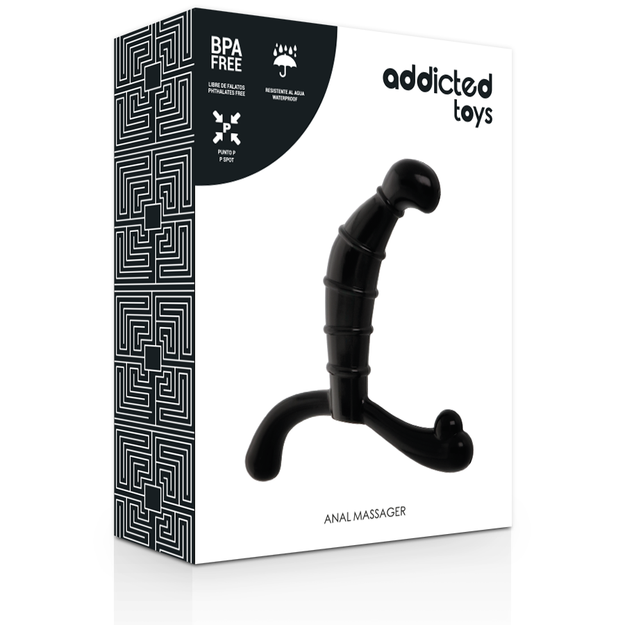 Schwarzer Analmassager vor einer weißen Verpackung mit dem Markennamen Addicted Toys.