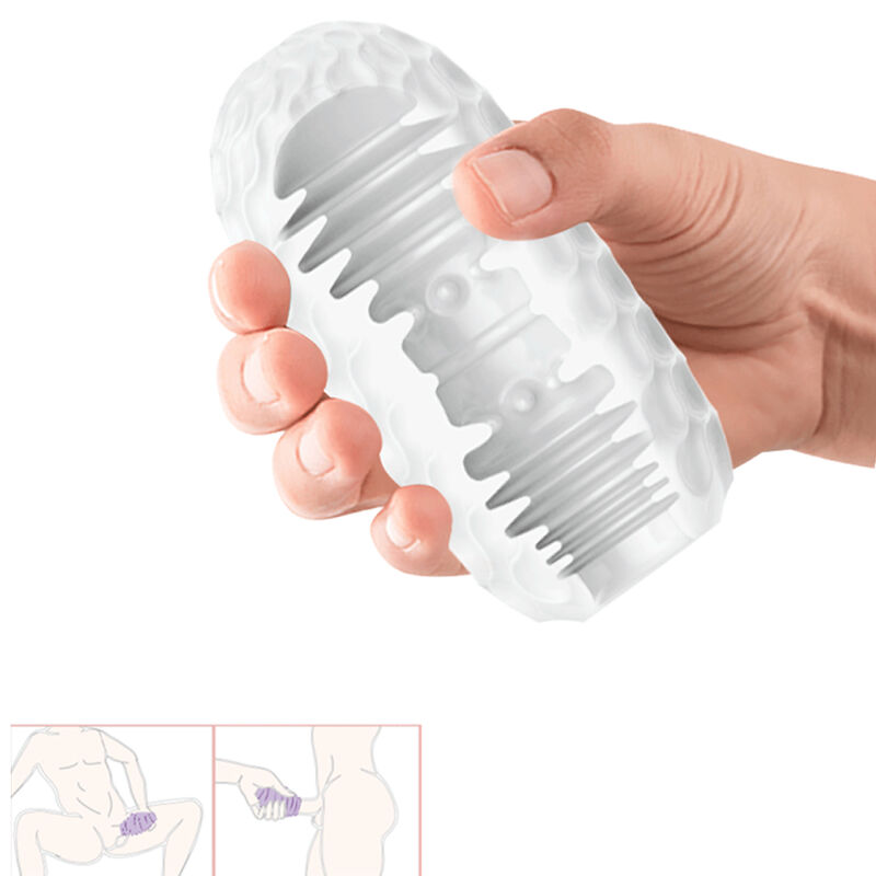 Eine Hand hält einen weißen, strukturierten Masturbator, unten Skizzen zur Anwendung.