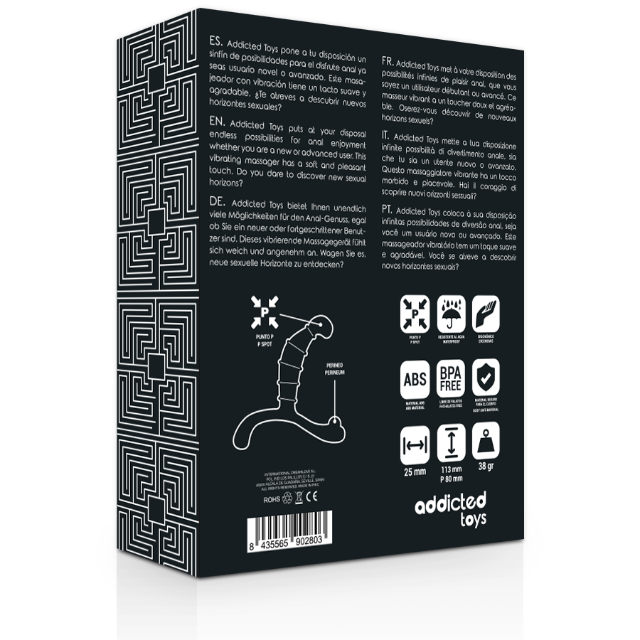 Schwarze Produktverpackung mit Texten in mehreren Sprachen, Produktgrafiken, technischen Daten und Strichcode.