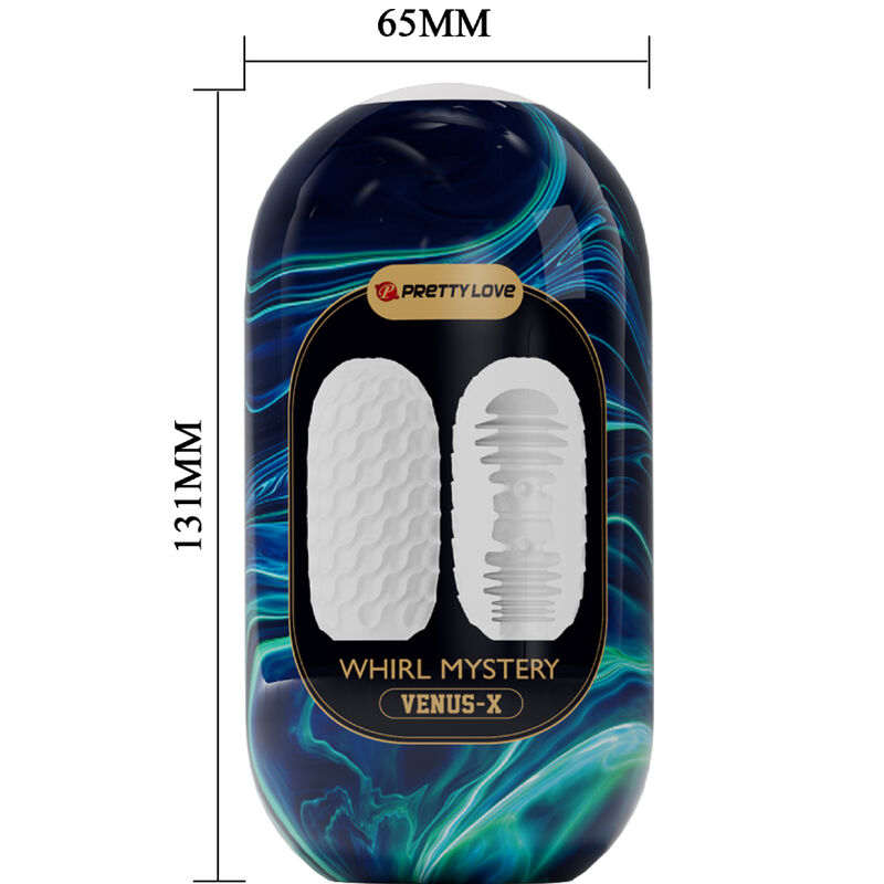 Produktverpackung mit blauem Muster, Maßen 65mm x 131mm und Abbildungen von zwei weißen Einsätzen.