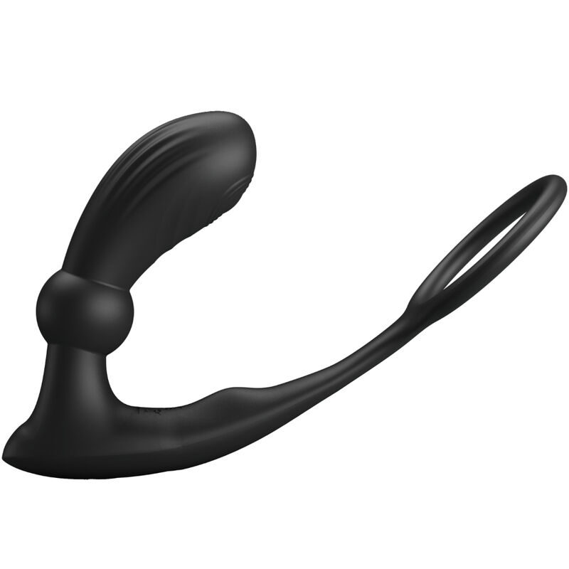 Juguete sexual de silicona negra con diseño curvo y anillo sobre fondo blanco.