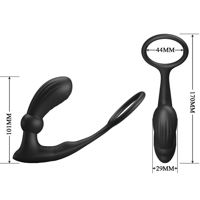 Juguete sexual negro con medidas de longitud y anchura.
