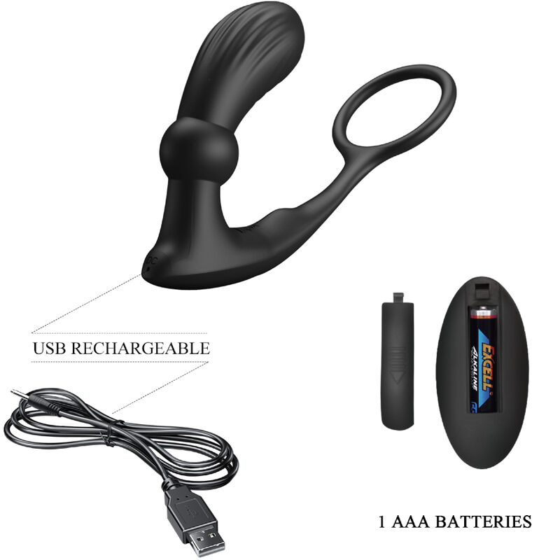 Juguete sexual negro con anillo y cable USB, más compartimento para pilas AAA.
