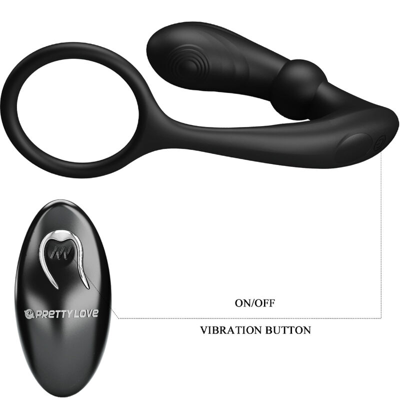 Juguete sexual negro con anillo y control remoto, etiquetado con líneas y texto.