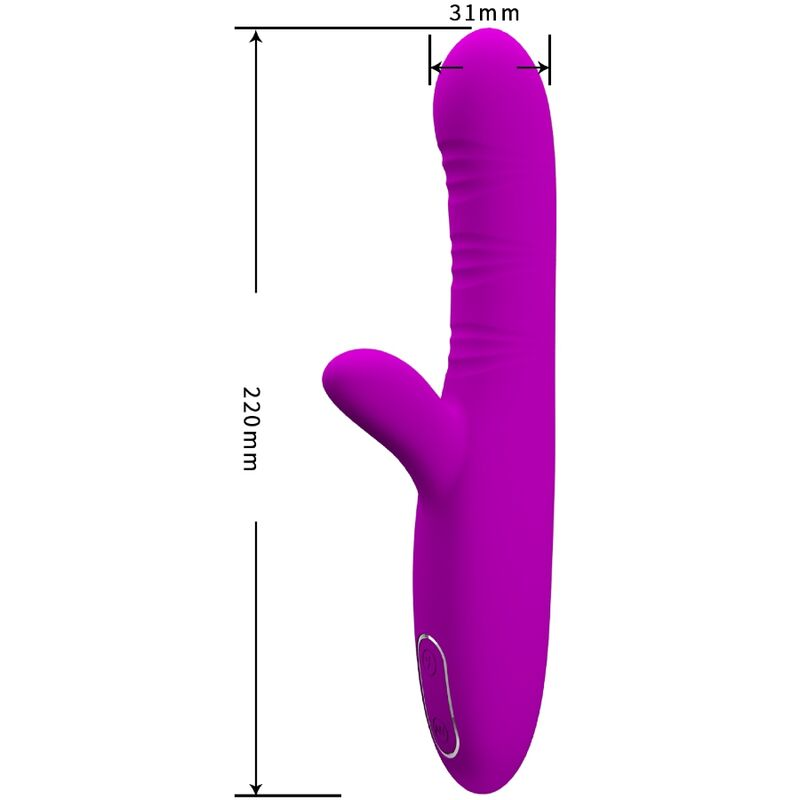 Lila Hasen-Vibrator mit Maßlinien für 220 mm Länge und 31 mm Breite vor weißem Hintergrund.