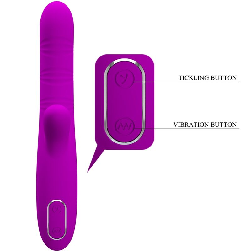 Ein lila vibrierendes Wellnessgerät mit beschrifteten Tasten für Kitzeln und Vibration.
