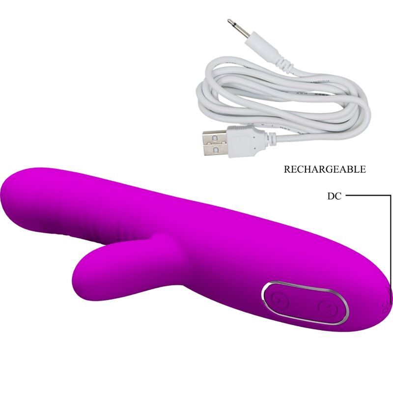 Ein rosafarbenes Wellness-Gerät mit zwei Knöpfen und einem weißen USB-Ladekabel auf weißem Hintergrund.