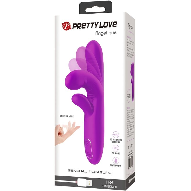 Eine violette Pretty Love Angelique Vibratorbox zeigt das Gerät und Funktionen.