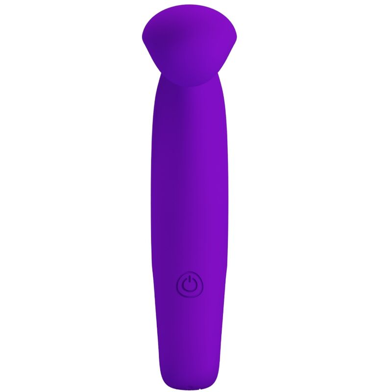 Un juguete para adultos morado y redondeado con un botón de encendido y apagado sobre un fondo blanco.