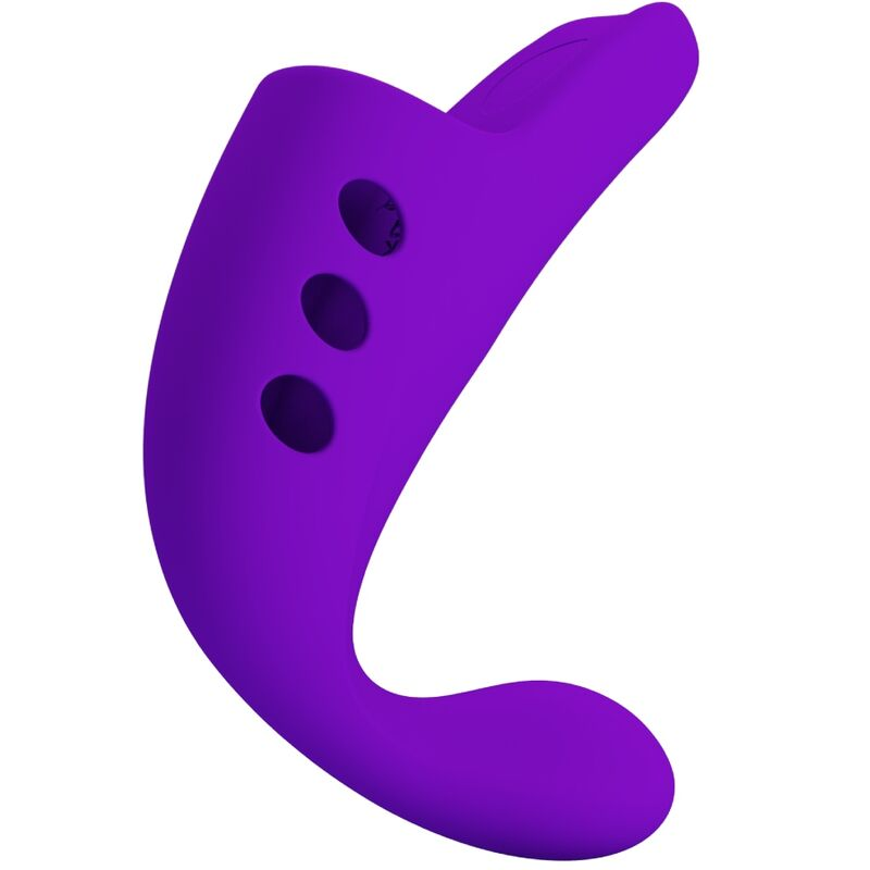 Un juguete sexual de silicona morado y suave, con forma curva y tres botones de control en el lateral, sobre fondo blanco.