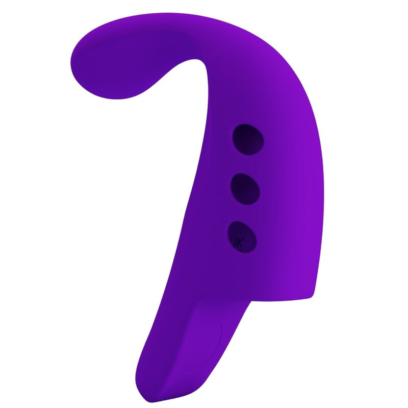 Un dispositivo de silicona morado y curvado con tres botones de control redondos sobre fondo blanco.