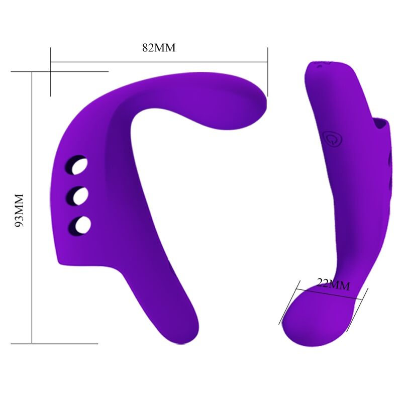 Dispositivo ergonómico morado mostrado desde dos ángulos con líneas de dimensión de 82 mm, 93 mm y 22 mm sobre fondo blanco.
