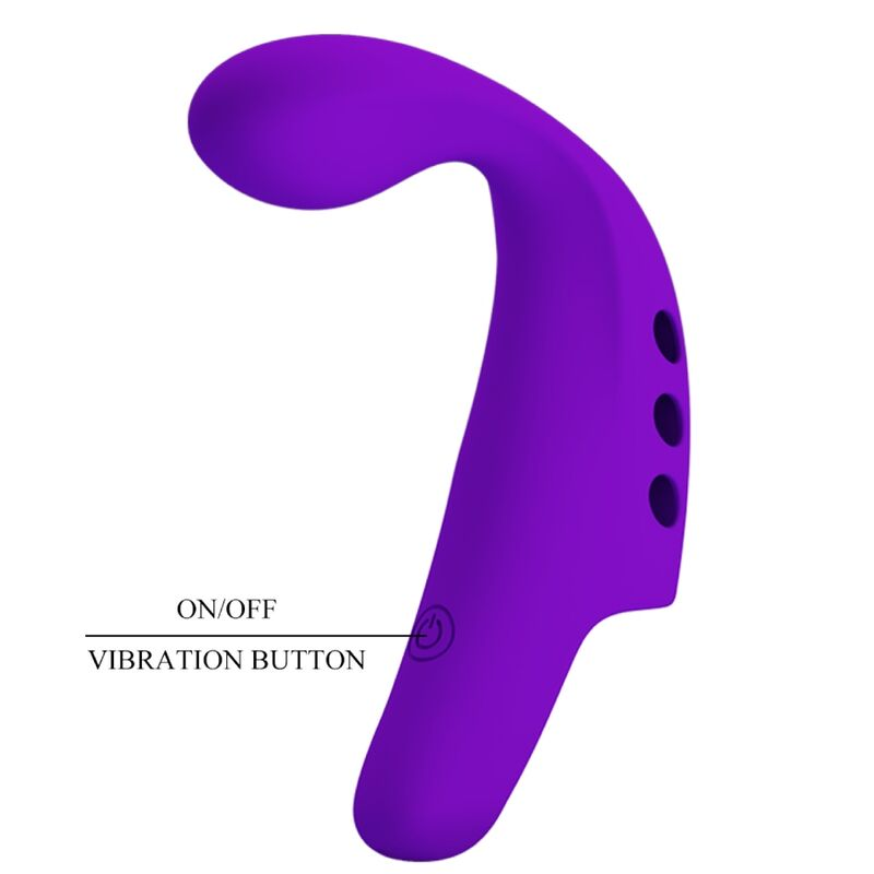 Juguete sexual de silicona curvado en color morado con botón de encendido y vibración sobre fondo liso.