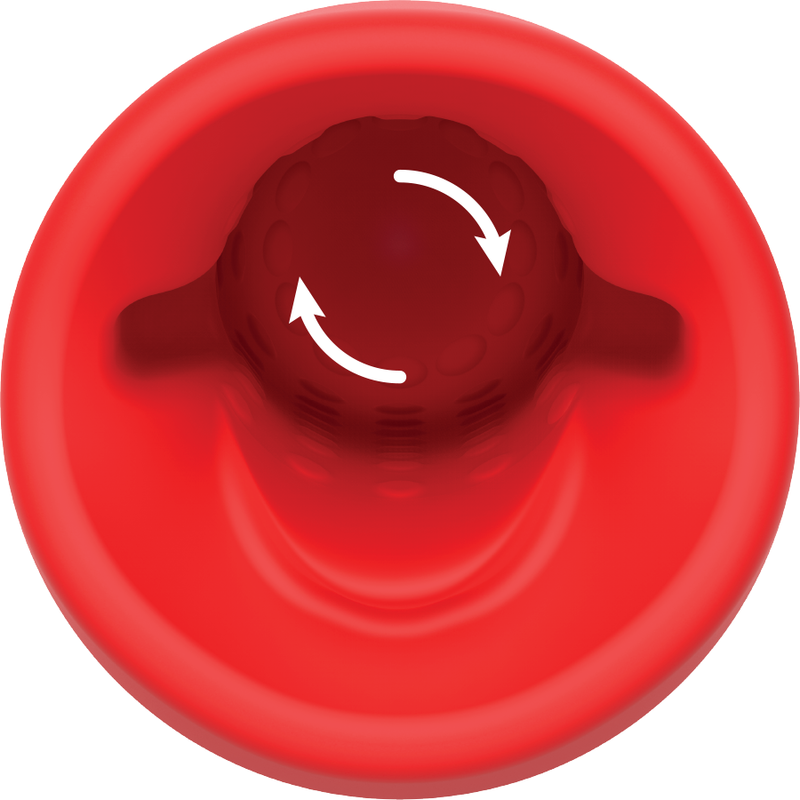 Roter Trichter mit einem inneren Kugelgitter und weißen kreisförmigen Pfeilen.