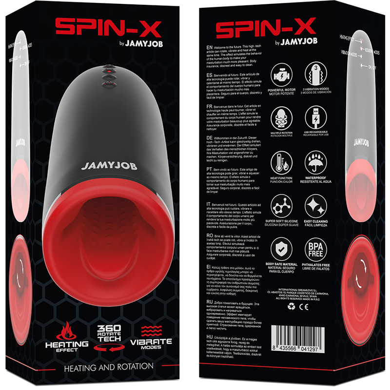 Verpackung eines schwarzen und roten Spin-X Jamyjob Sexspielzeugs mit technischen Symbolen auf der Rückseite.