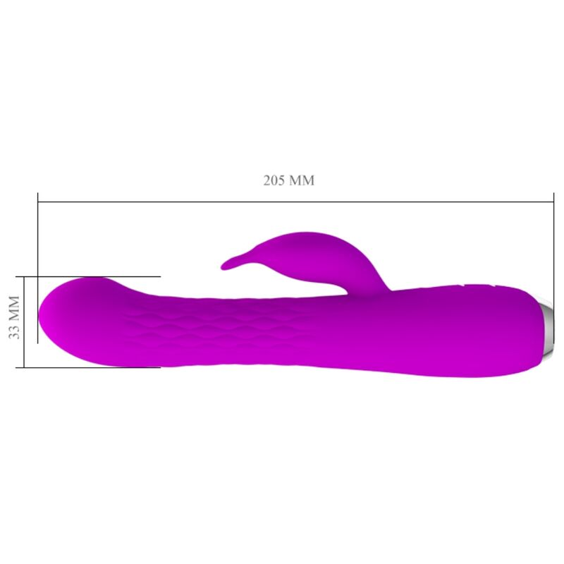 Ein lilafarbener Vibrator mit Maßangaben von 205 mm Länge und 33 mm Breite.