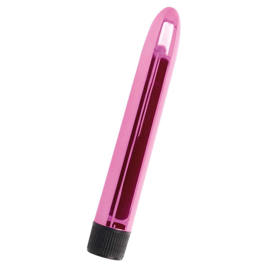 Ein glänzender, pinker Vibrator mit schwarzer Basis auf weißem Hintergrund.
