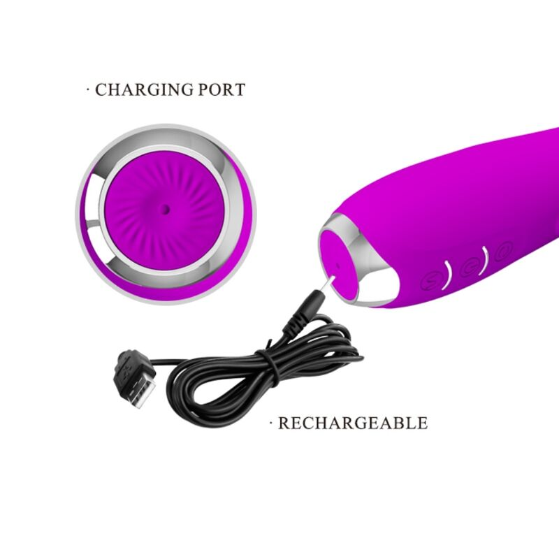 Violettes technisches Gerät mit Ladeanschluss und USB-Kabel.