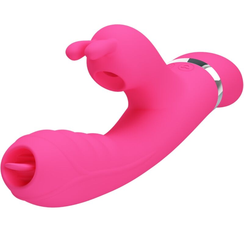 Un dispositivo de bienestar rosa y de diseño ergonómico con múltiples accesorios sobre fondo blanco.