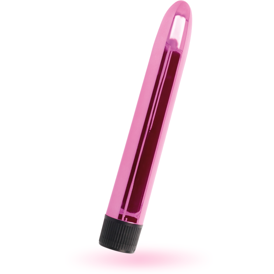 Ein glänzender, pinker Vibrator mit schwarzer Kappe auf weißem Hintergrund.