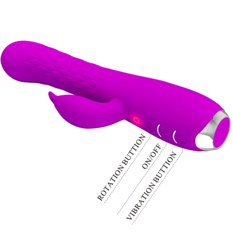Ein lila Silikon-Vibrator mit Bedienelementen vor weißem Hintergrund.