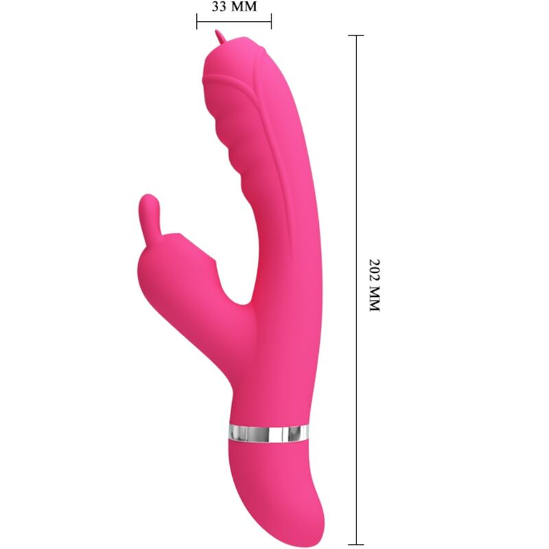 Juguete sexual rosa con dimensiones, 33 mm de ancho y 202 mm de alto, sobre fondo blanco.